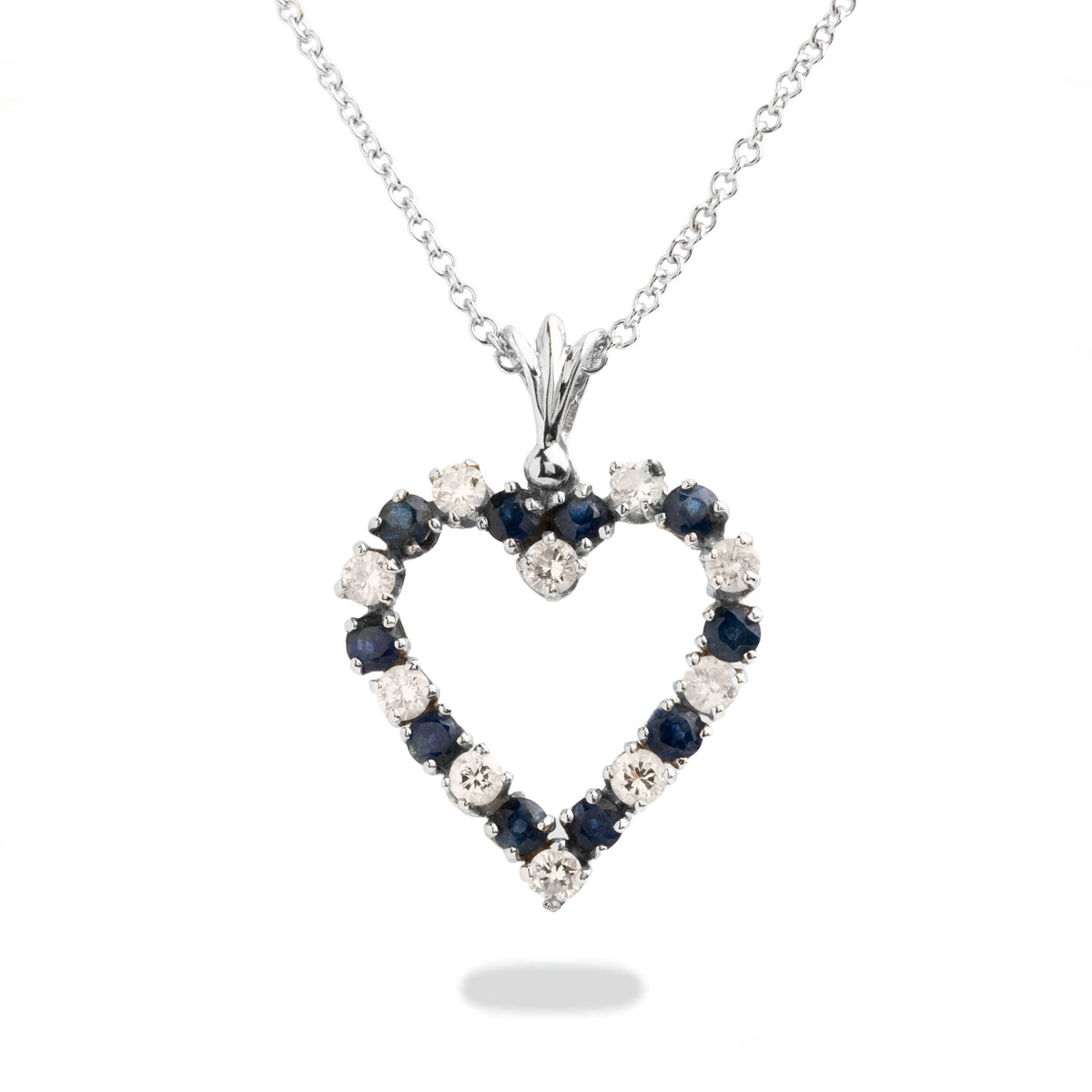 14k white gold sapphire and diamond heart pendant necklace modern vintage