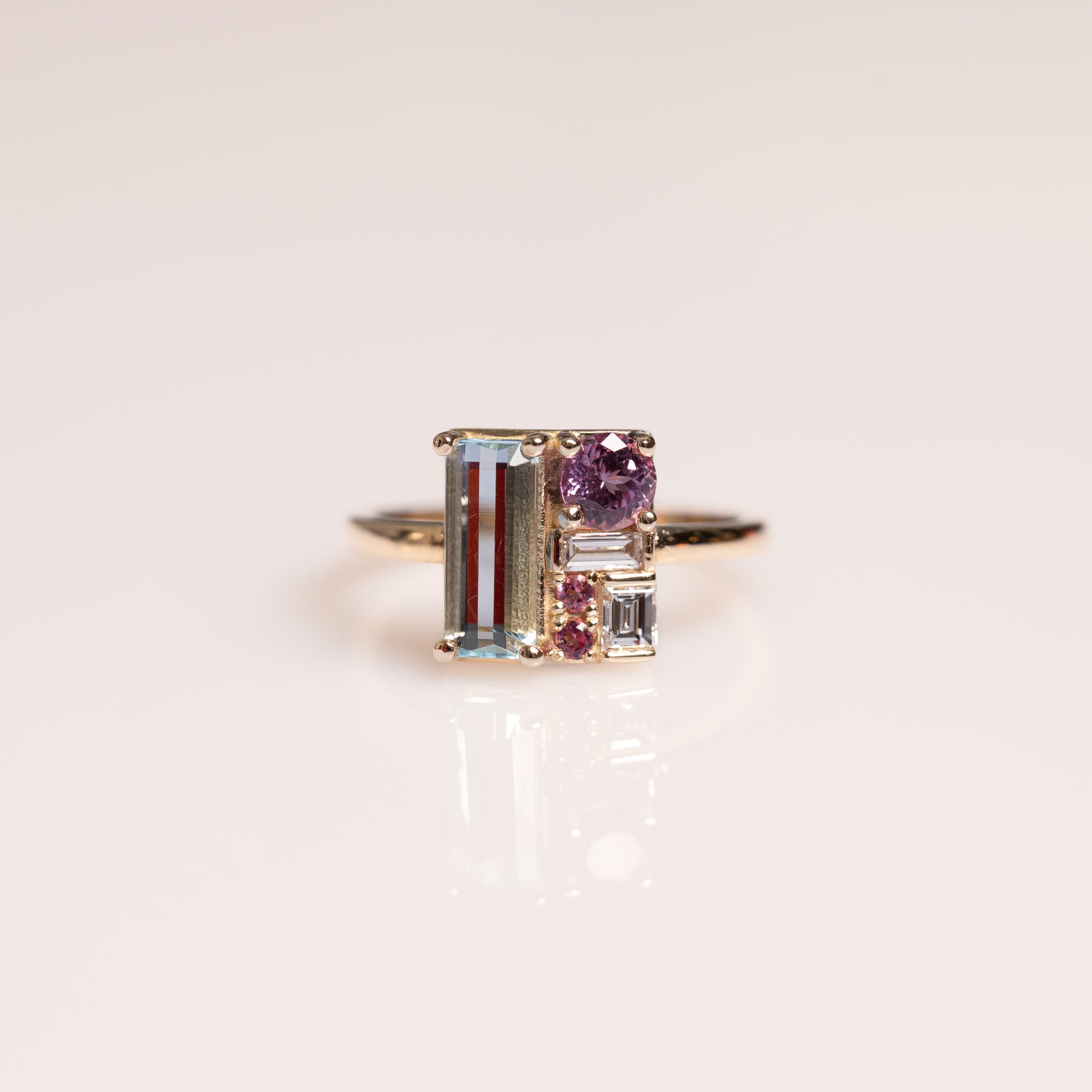 14k yellow gold skinny emerald cut aquamarine, pink tourmaline, lab grown diamond cluster ring 