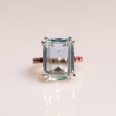 14k yellow gold emerald cut imitation aquamarine pink tourmaline cocktail ring 