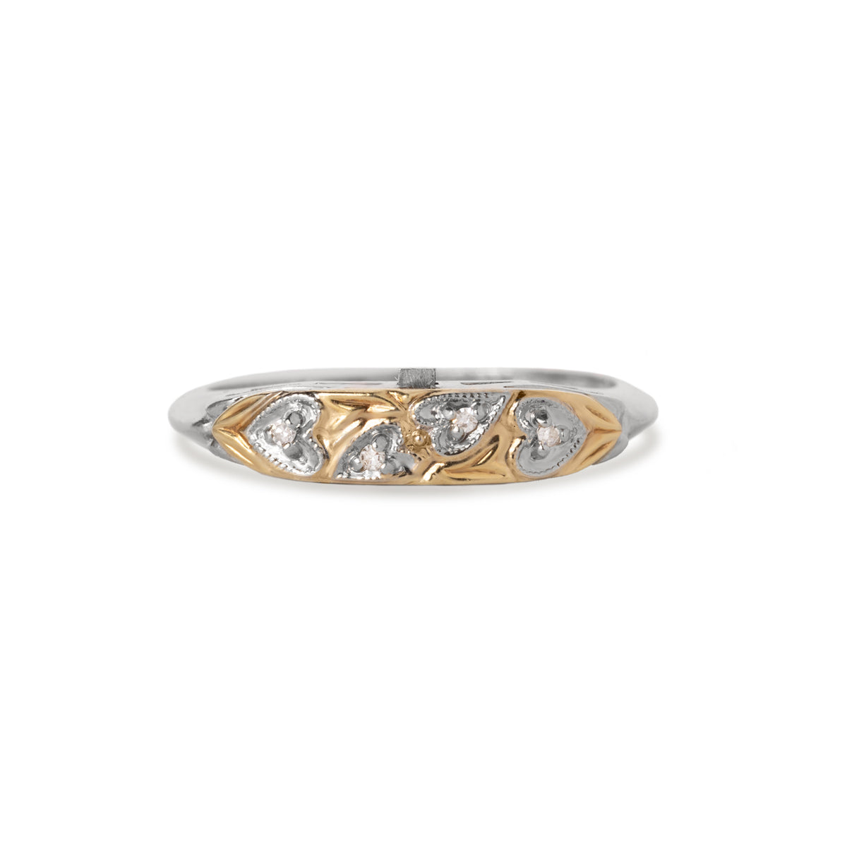 14k two tone diamond estate ring with heart detailing