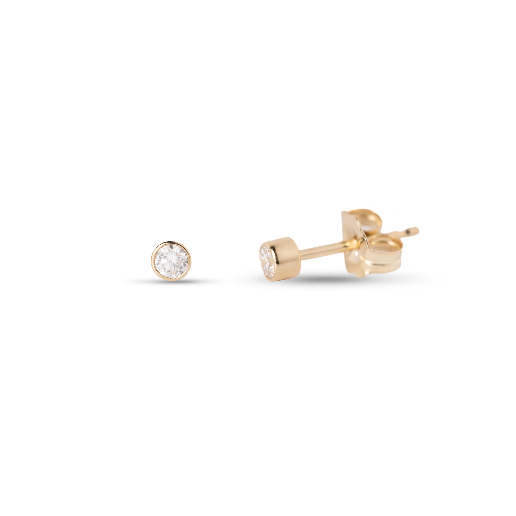 14k yellow or white gold small bezel set round lab grown diamond stud earrings