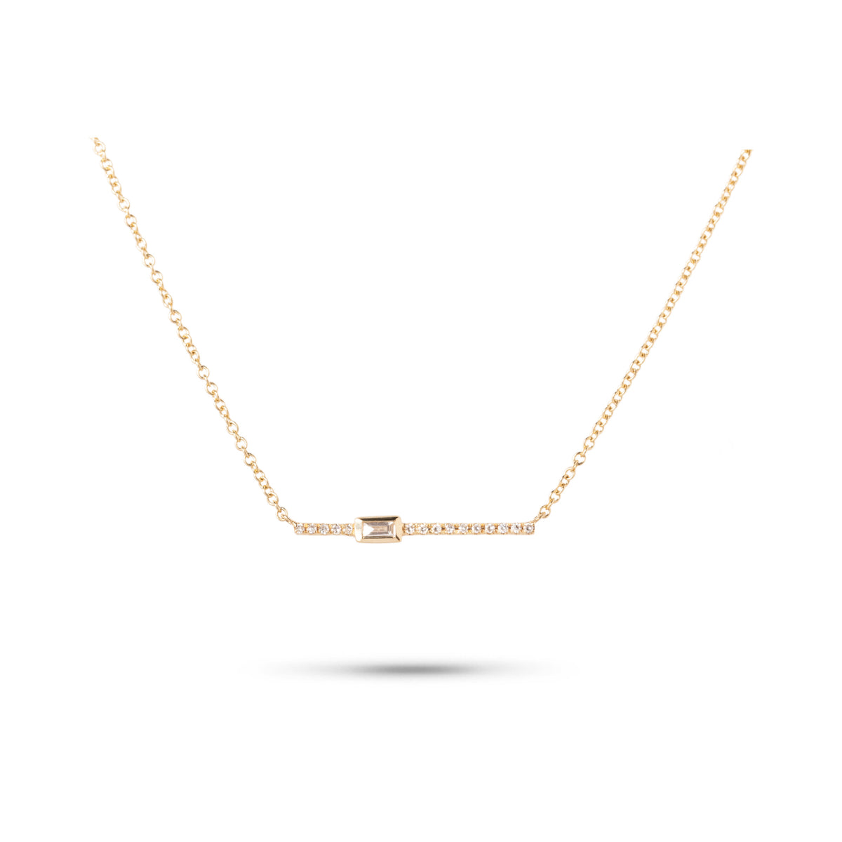 14k yellow gold diamond bar necklace with bezel set baguette 