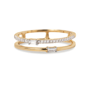 14k yellow gold double band ring with pave diamonds and two baguette diamonds