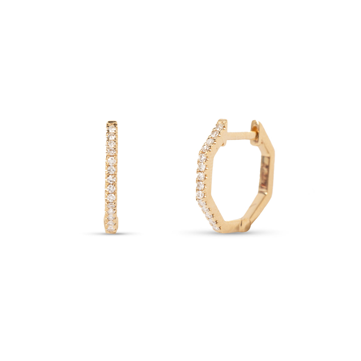 14k yellow gold diamond pave octogonal huggie earrings