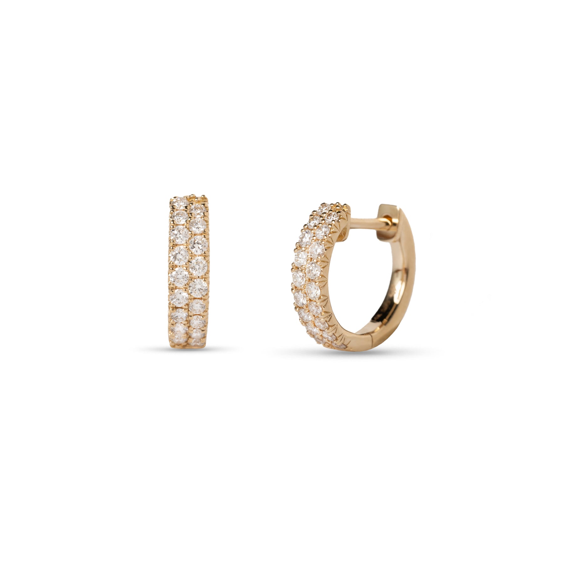 14k yellow gold double row diamond pave huggie earrings