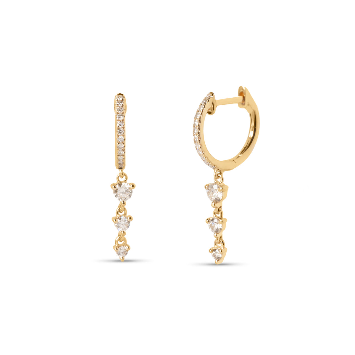 14k yellow gold diamond huggie earrings with three drop diamonds