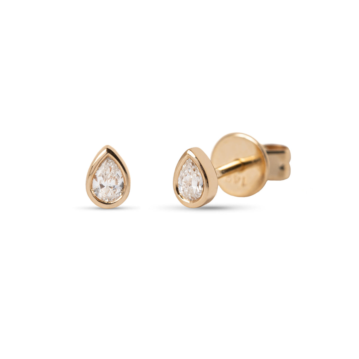 14k yellow or white gold bezel set pear diamond stud earrings