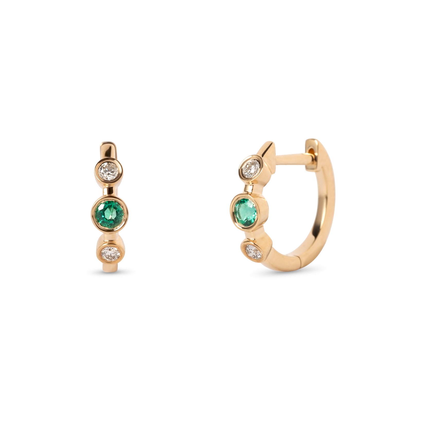 14k yellow gold emerald diamond huggie hoop earrings