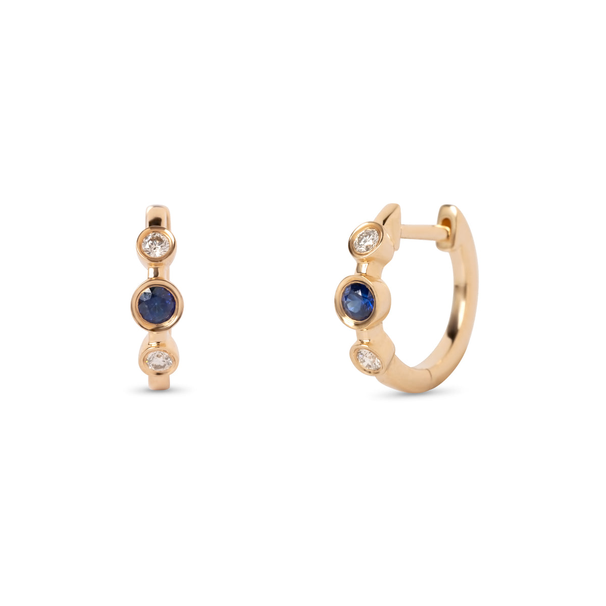 14k yellow gold sapphire diamond huggie hoop earrings