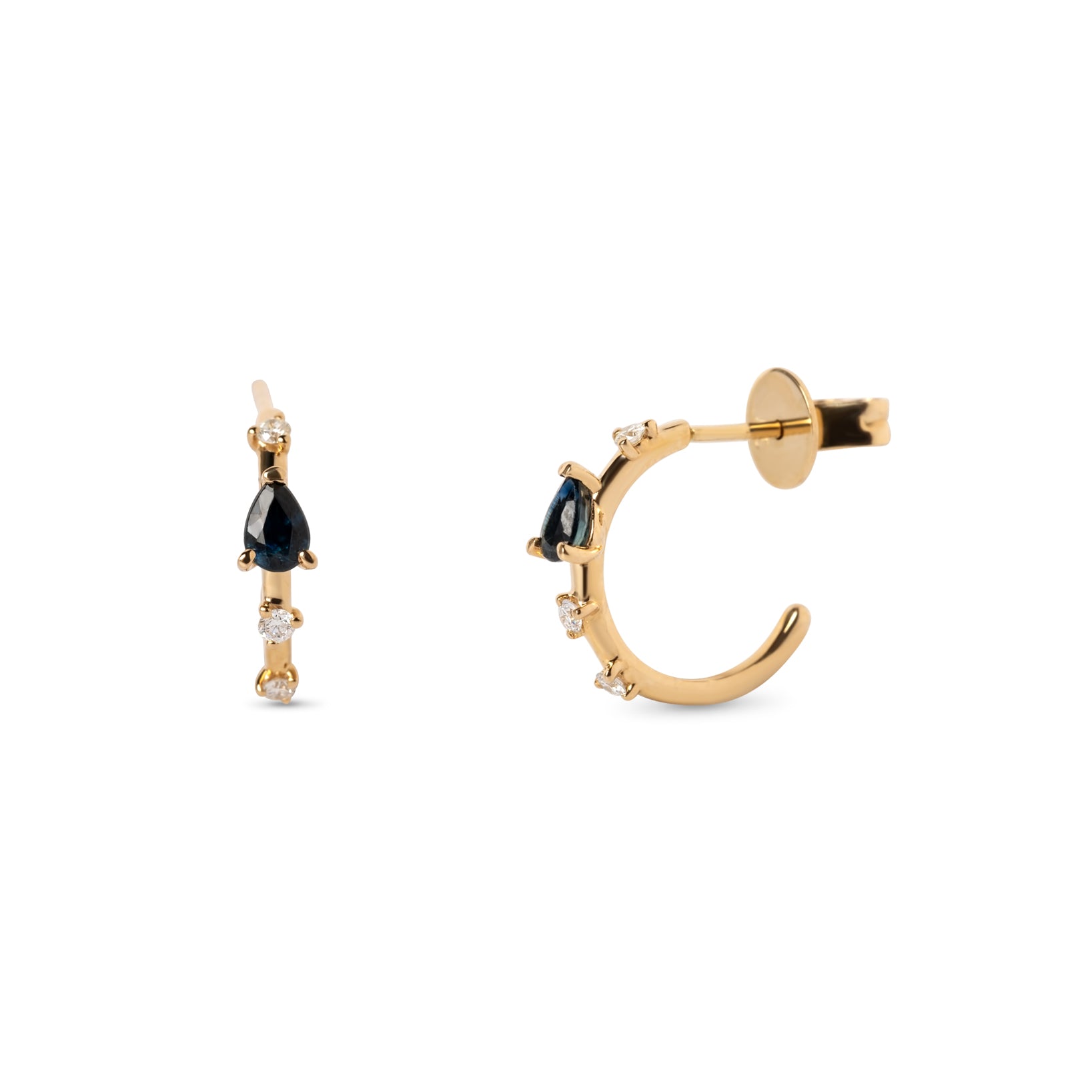 14k yellow gold small open hoop earrings pear shape sapphires and diamonds