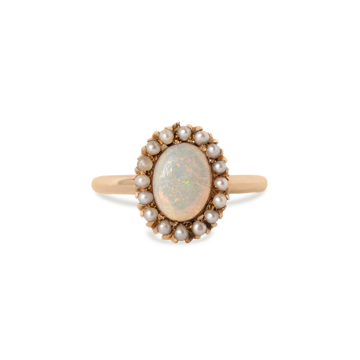 10ky victorian era estate oval opal with pearl halo ring 