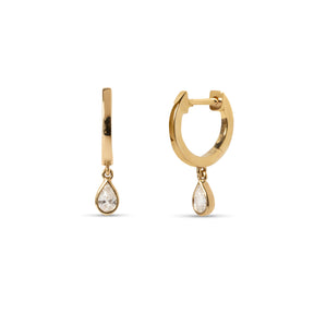 14k yellow gold huggies with drop bezel set pear diamond earrings