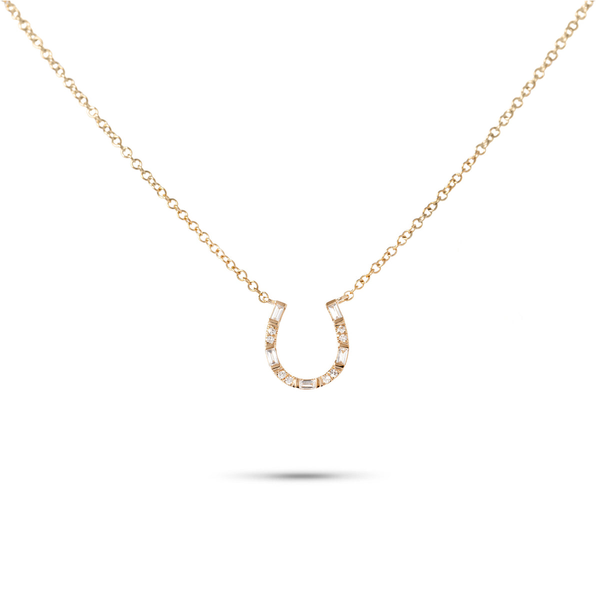 14k yellow gold round and baguette diamond horseshoe necklace