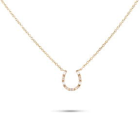 14k yellow gold round and baguette diamond horseshoe necklace