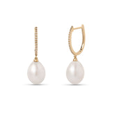 14k yellow gold oblong diamond pave huggies with pearl drop earrings