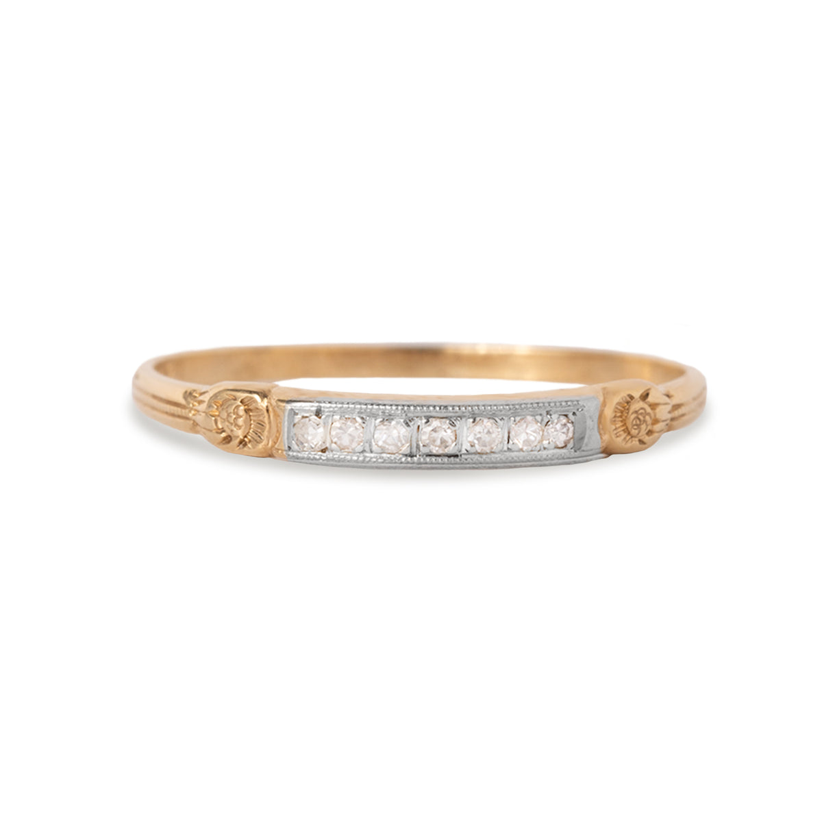 14k two tone diamond ring with engraved detail