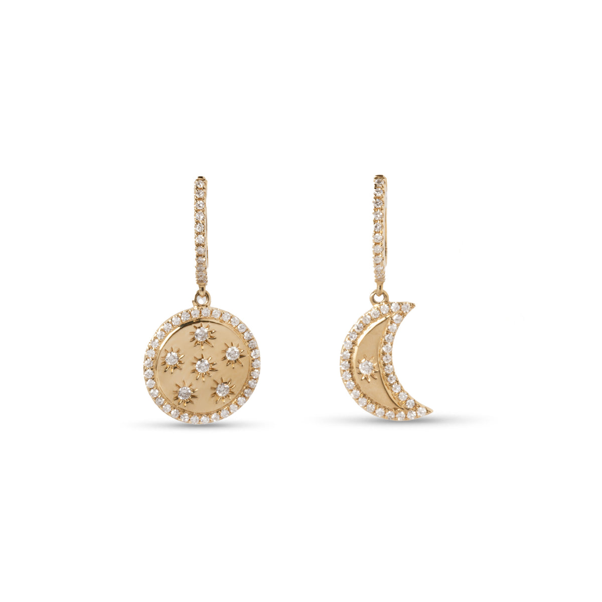 14k yellow gold diamond huggie earrings with pave daimonds and drop disk with stars and drop pave diamond moon