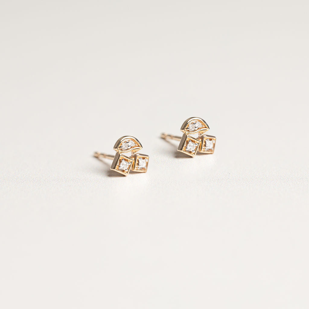 14k yellow gold baguette and round cut diamond multi shape cluster stud earrings