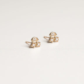 14k yellow gold baguette and round cut diamond multi shape cluster stud earrings