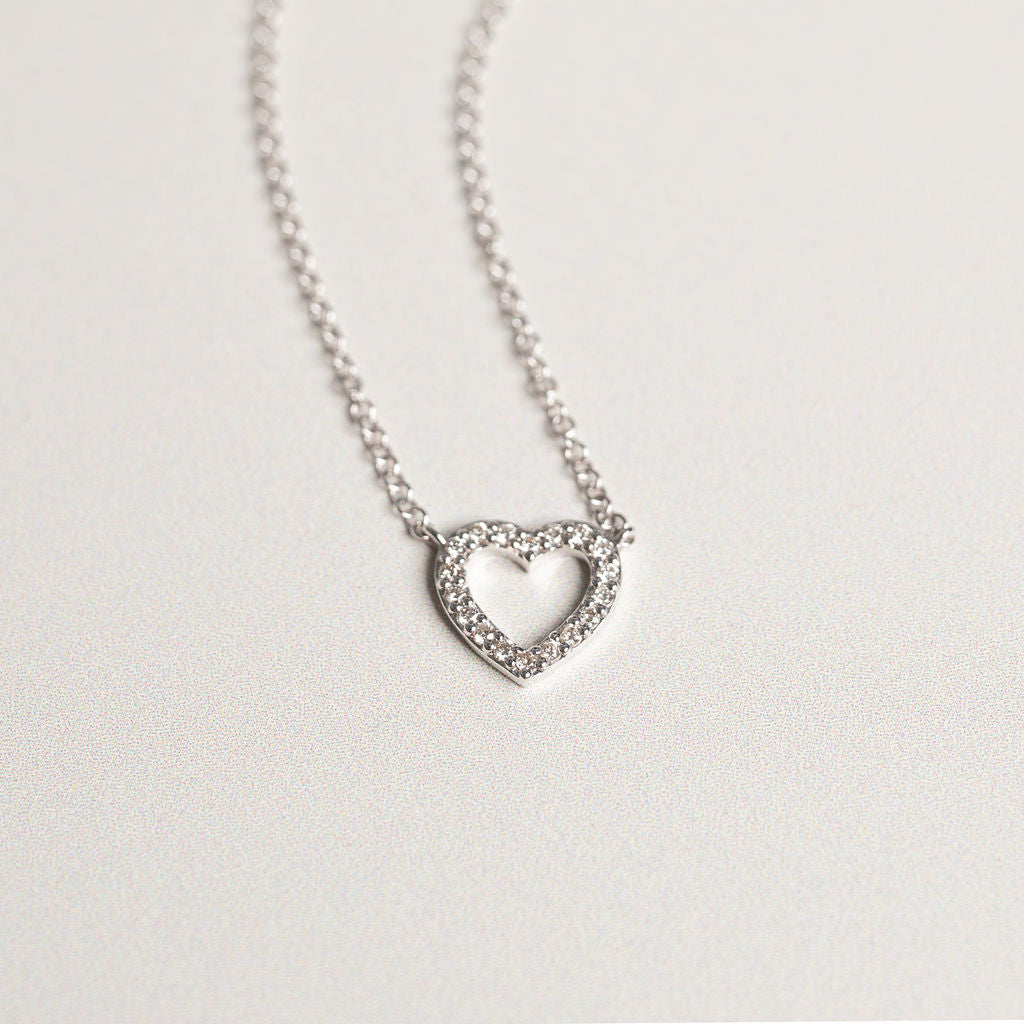 14k white gold diamond pave open heart pendant necklace