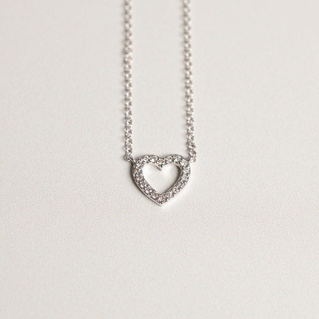 14k white gold diamond pave open heart pendant necklace