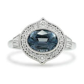 gray Tanzanian spinel gemstone ring with white diamond halo and white gold band