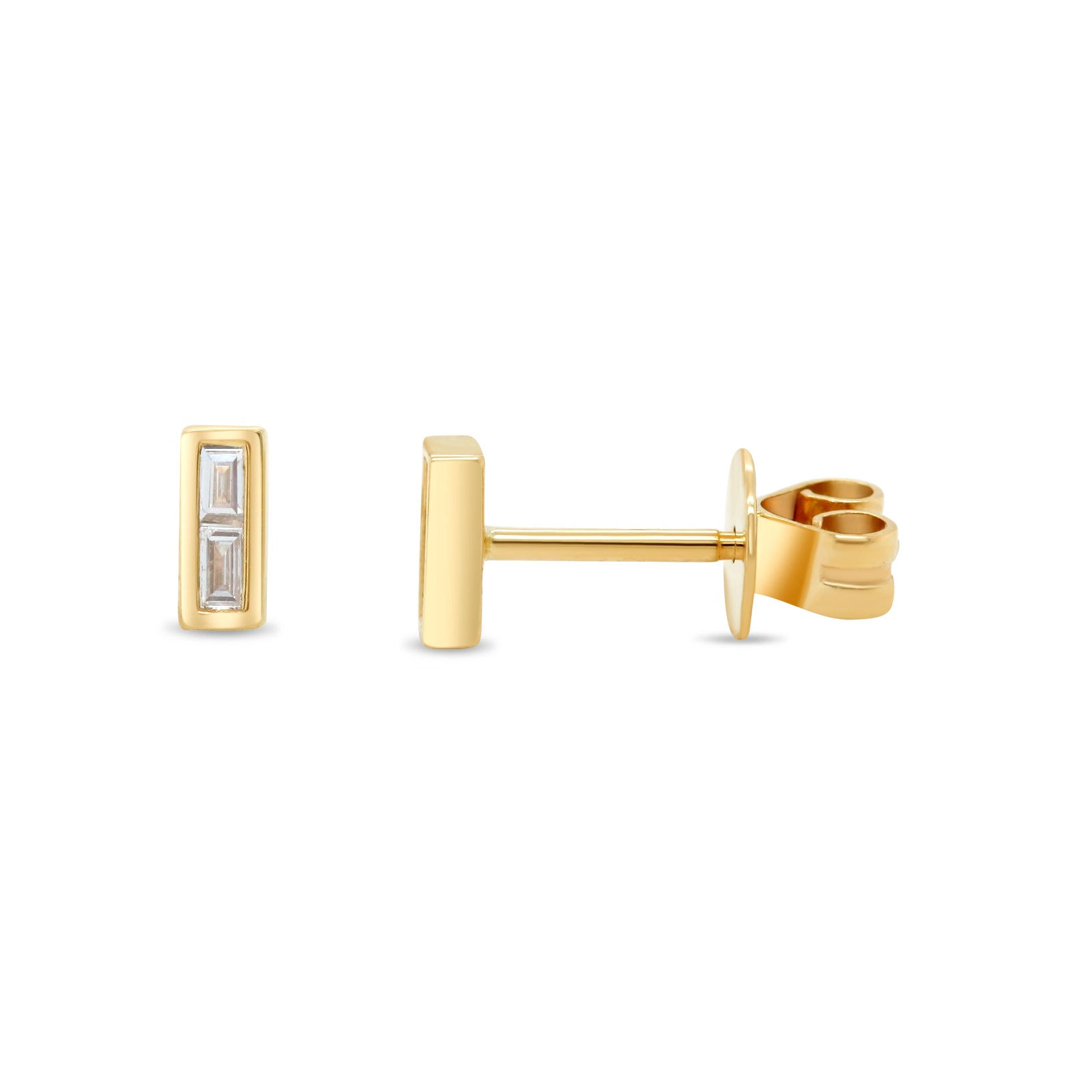 14k gold bezel set double baguette diamond dainty stud earrings