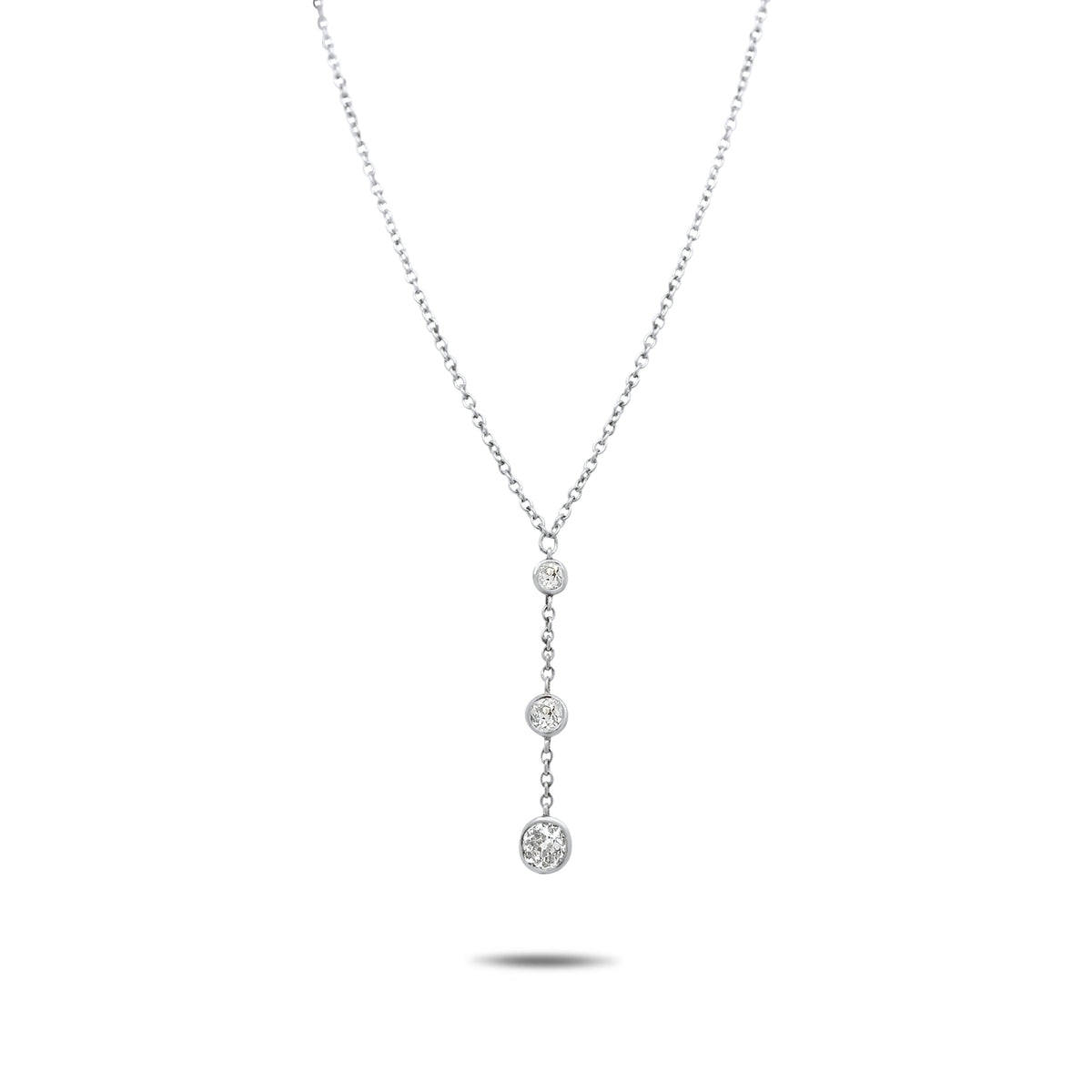 platinum 3 bezel set european cut diamond estate lariat necklace